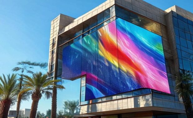 Outdoor LED screen mounted on a modern commercial facade in the UAE, with palm trees and clear sky
