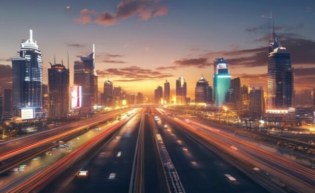 Dubai skyline at dusk with illuminated outdoor LED billboards illustrating LED screen power consumption under DEWA in the UAE