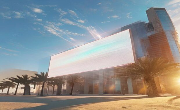 Large outdoor LED video screen on a Dubai building facade in UAE Gulf sunlight illustrating LED screen lifespan in UAE climate