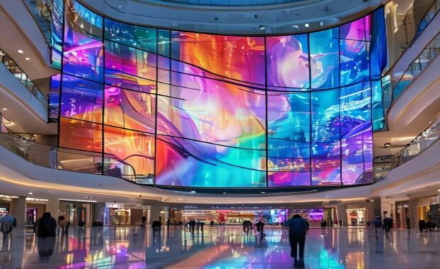 Giant curved LED video wall in the central atrium of a UAE luxury shopping mall illustrating LED video walls for UAE shopping malls